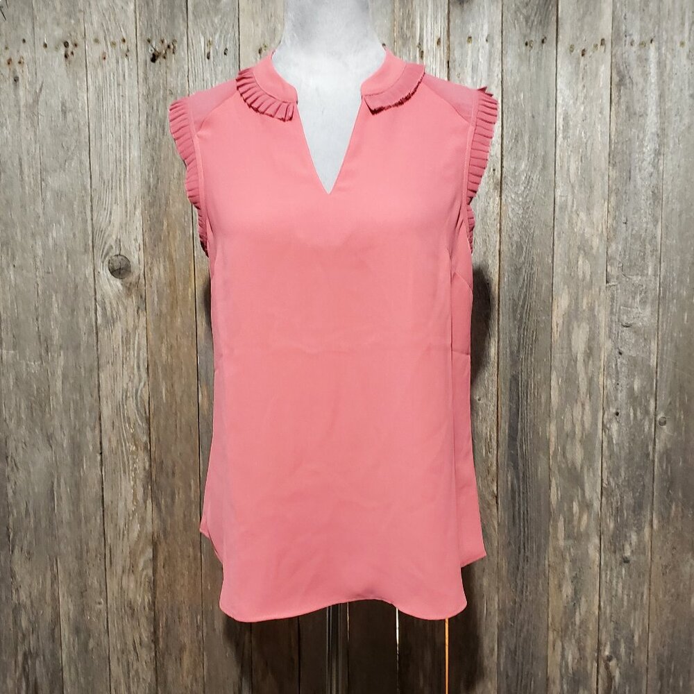 Soft Surroundings S Top Blouse Pink Sleeveless Ruffle Pleated Split V Neck